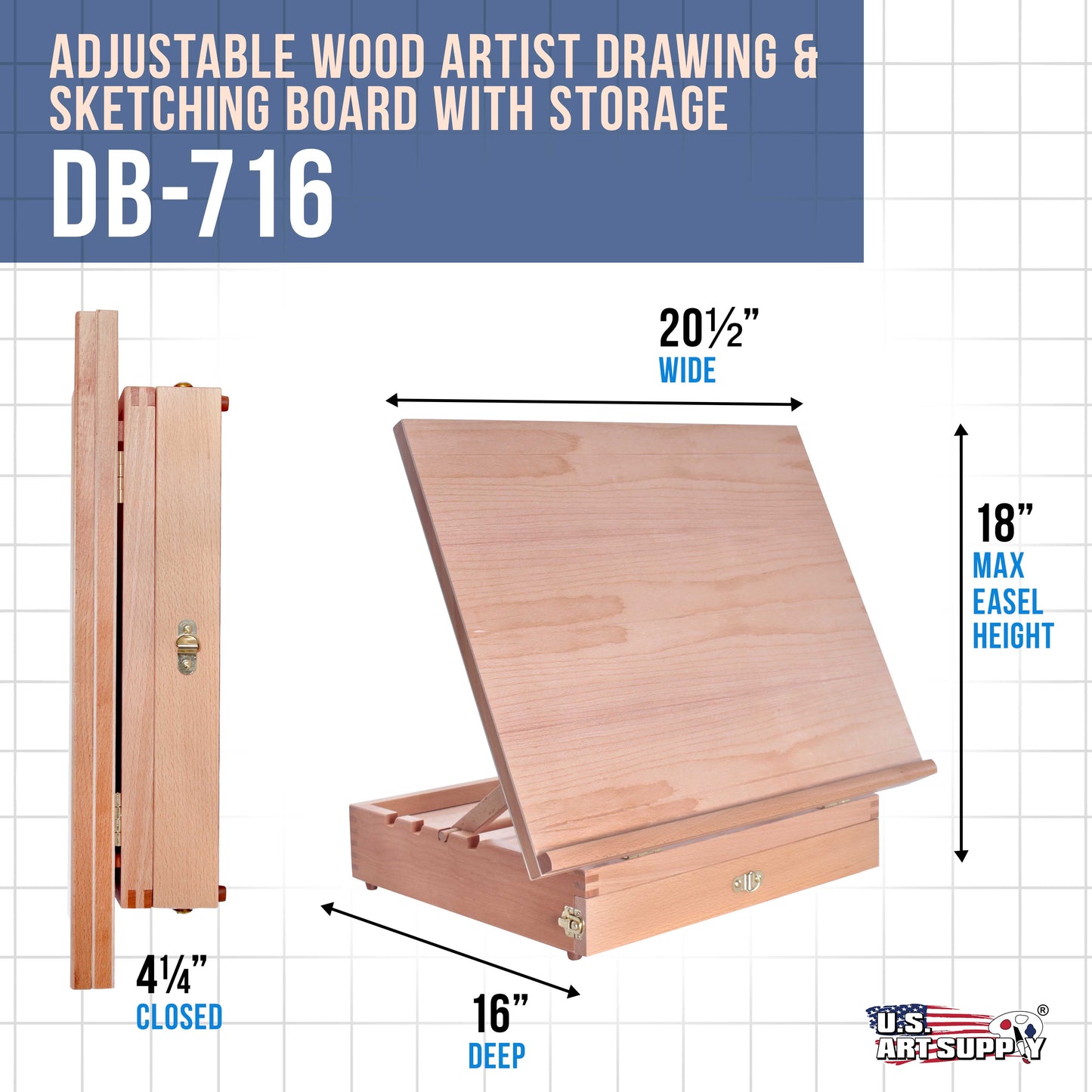 US Art Supply "Sketch Master" Adjustable Wood Artist Drawing & Sketching Board With Storage Drawer