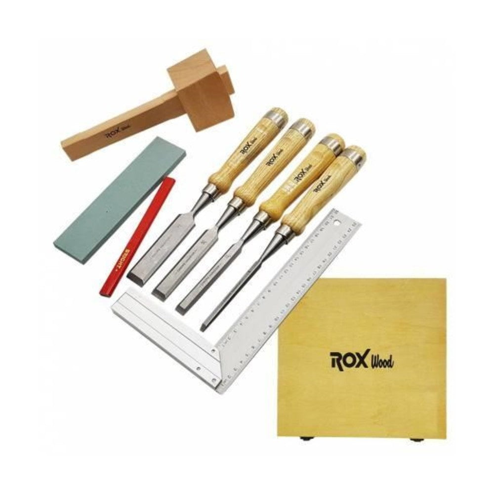 Rox Wood 8-Pieces Woodworking Carving Tools Chisel Set With Red Beech Wood Handle, Mallet, Pencil In A Wooden Storage Case Box