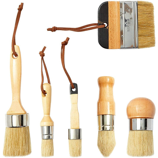 6-Piece Wax and Chalk Paint Brush Set for Furniture Waxing Painting, Natural Boar Bristle