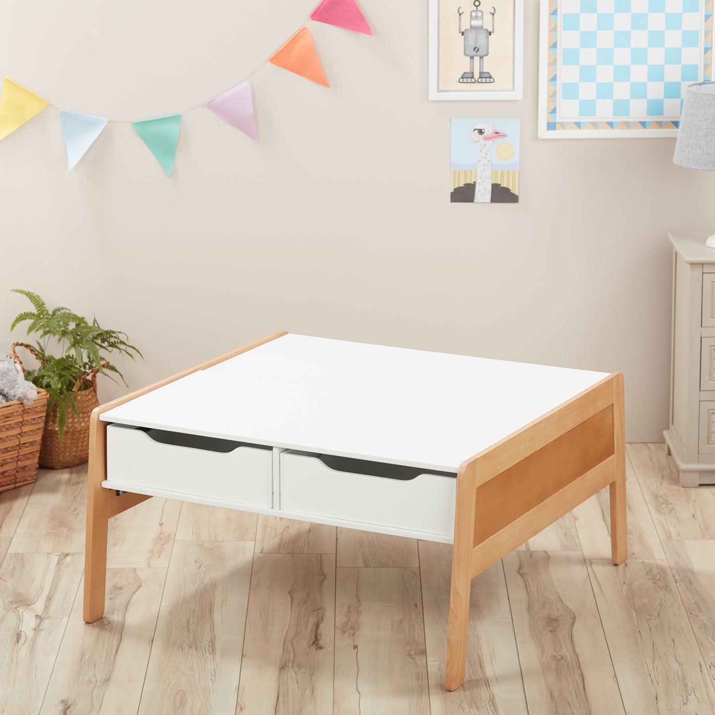 Melissa & Doug Wooden Art and Activity Table with 4 Wooden Bins - Kids Furniture for Playroom, Light Woodgrain and White 2-Tone Finish
