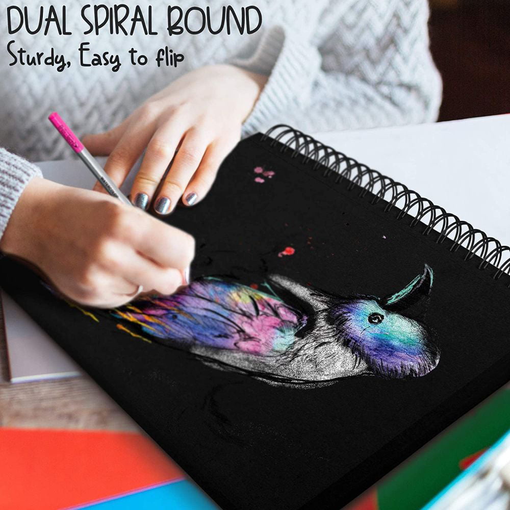 Premium Black Paper Sketchbook - 70 Sheets, 9 x 12 inches (110 lb/180 GSM) Spiral Bound Drawing and Writing Notebook for Gel Pens, Color Pencils, Chalk, Oil Pastels