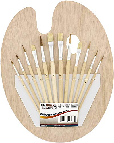U.S. Art Supply 12-Piece Artist Paint Brush Set with 9" x 12" Wood Painting Palette