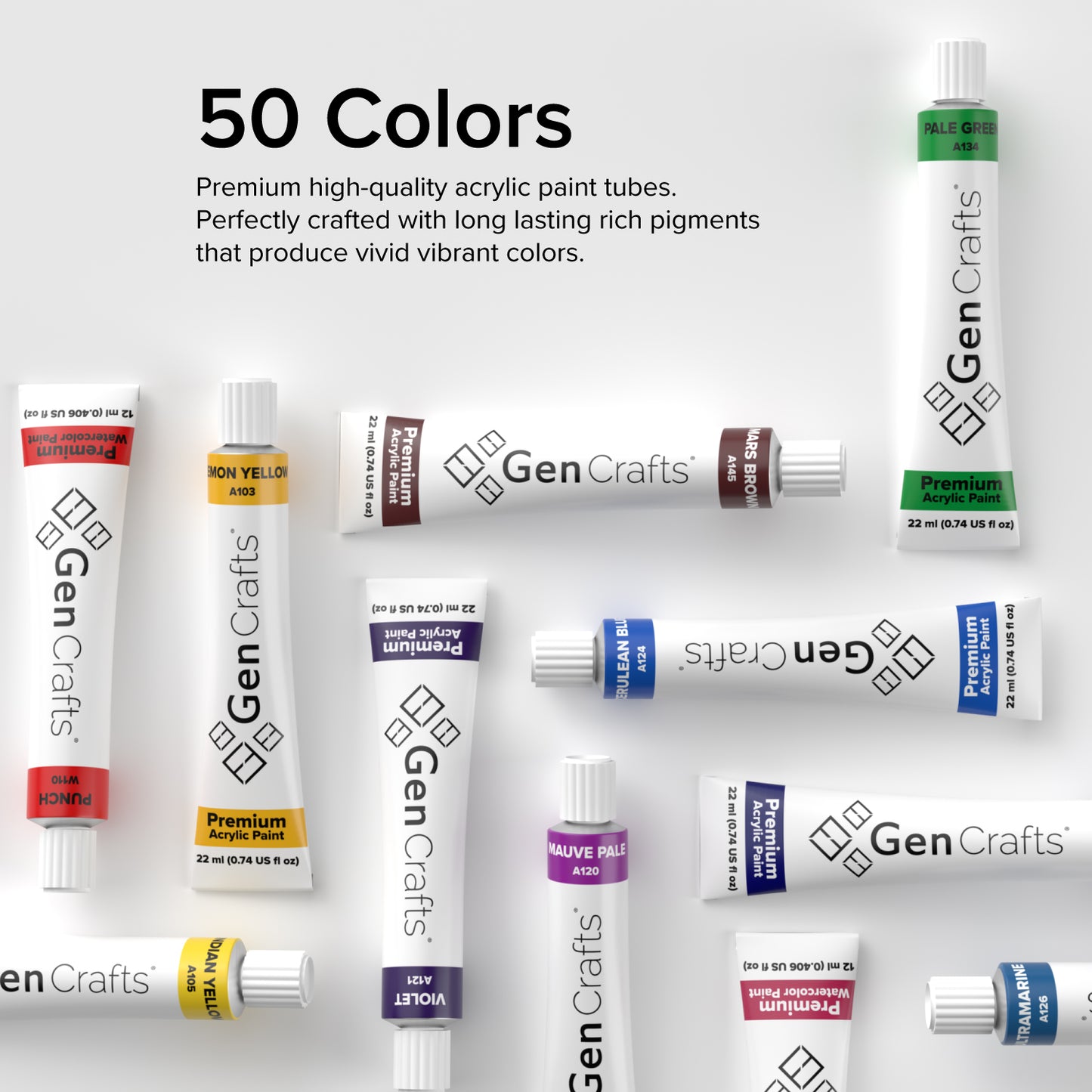 Professional Acrylic Paint Tubes Set of 50 by GenCrafts
