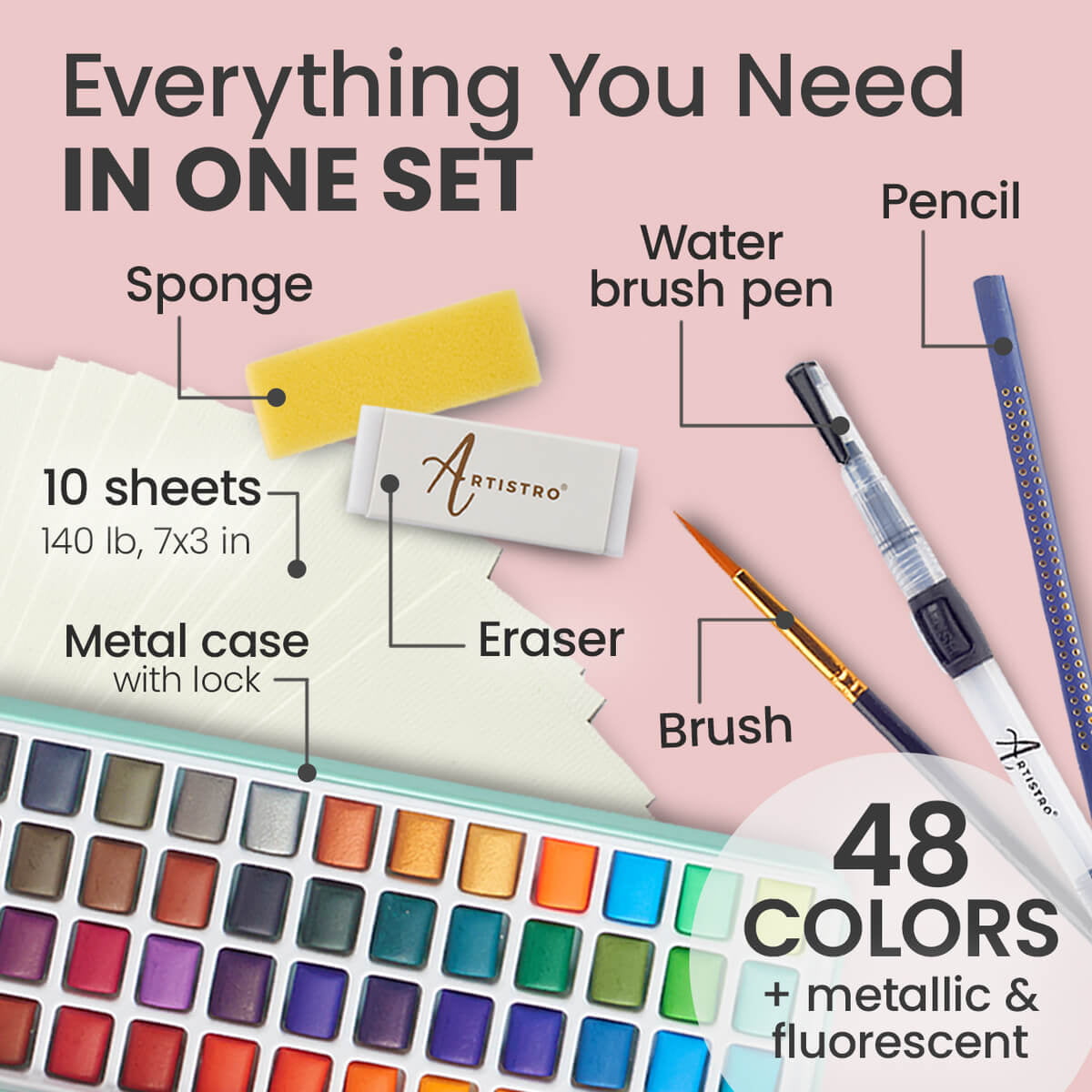 Artistro Watercolor Paint Set in Travel Box For Kids and Adults, 48 Count