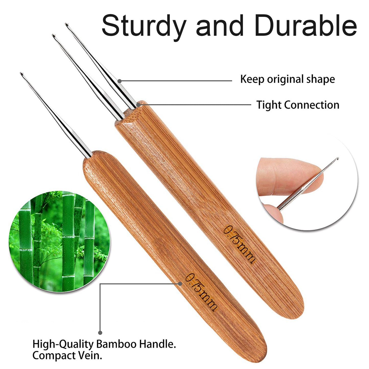 11pcs Dreadlocks Crochet Hooks Set, EEEkit 0.5mm 0.75mm Dreadlock Weaving Needle, Steel Crochet Hook with Bamboo Handle Interlocking Needles